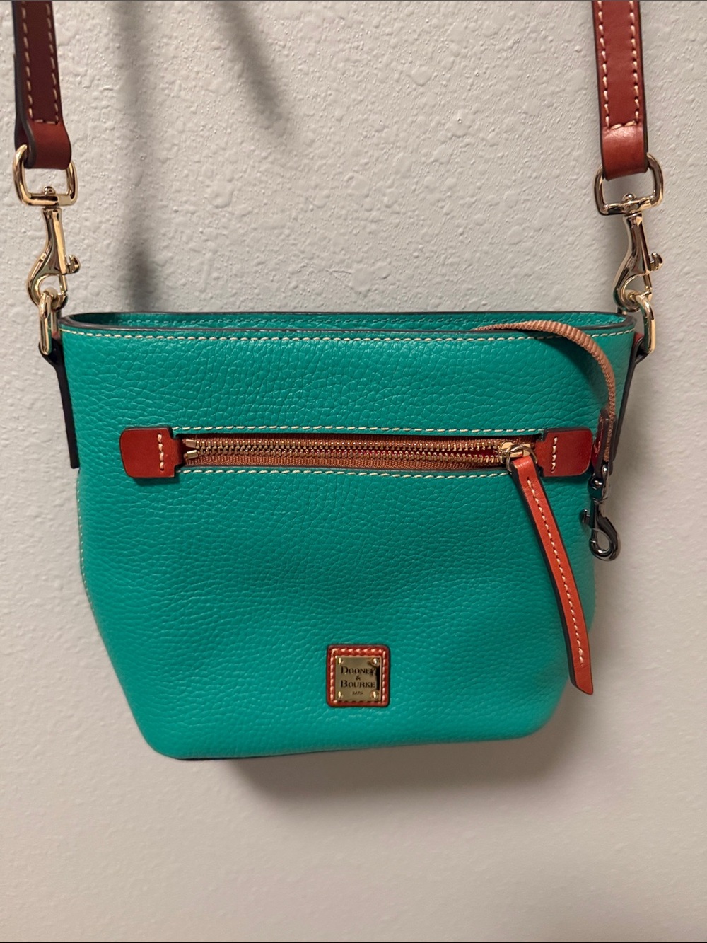 Dooney & Bourke Teal Pebble Leather Crossbody with Brown Trim